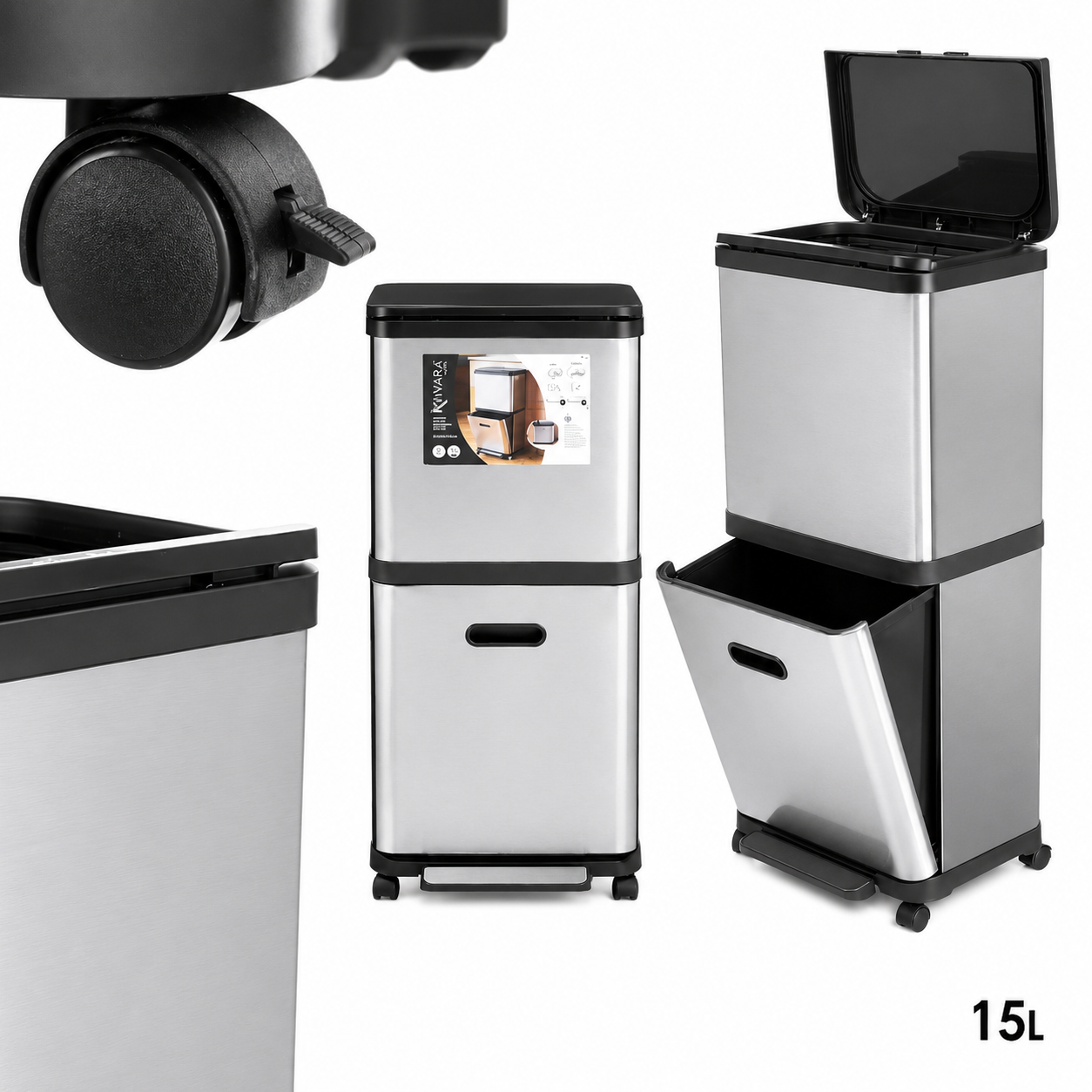 Pattumiera 2 in 1 con Ruote e Coperchio – Design Moderno in Acciaio | 15L