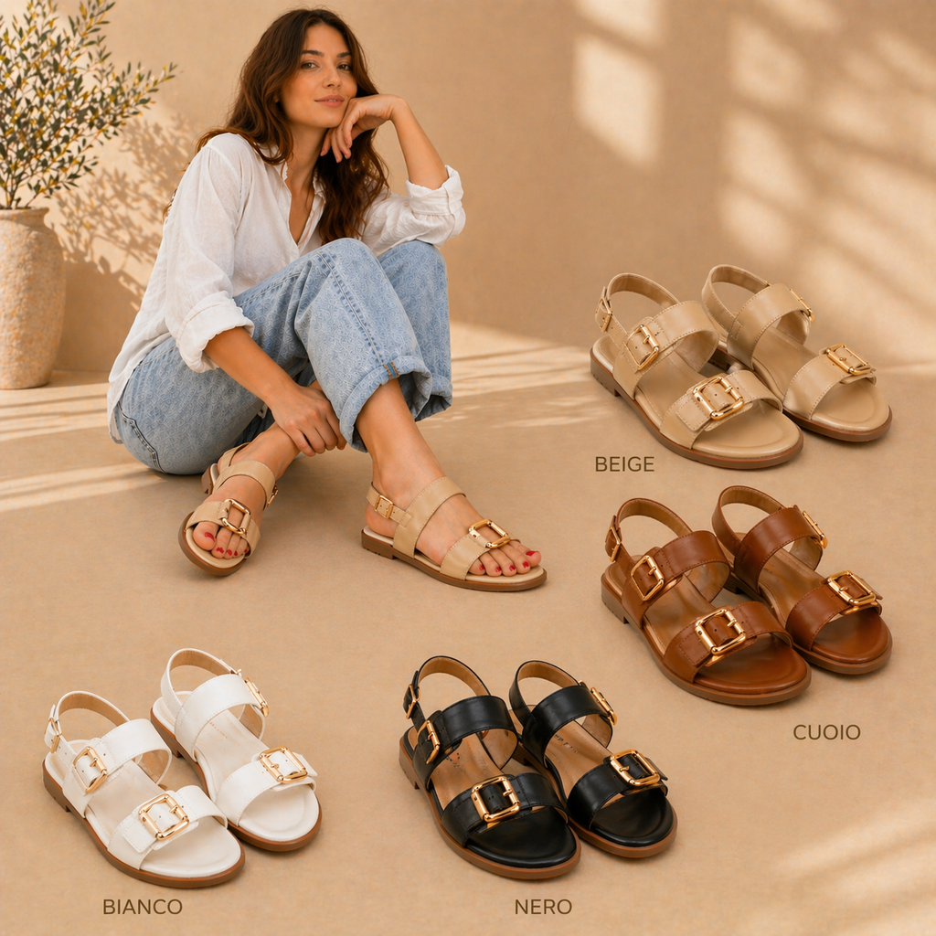 Sandali Donna Bassi Eleganti con Fibbia Oro