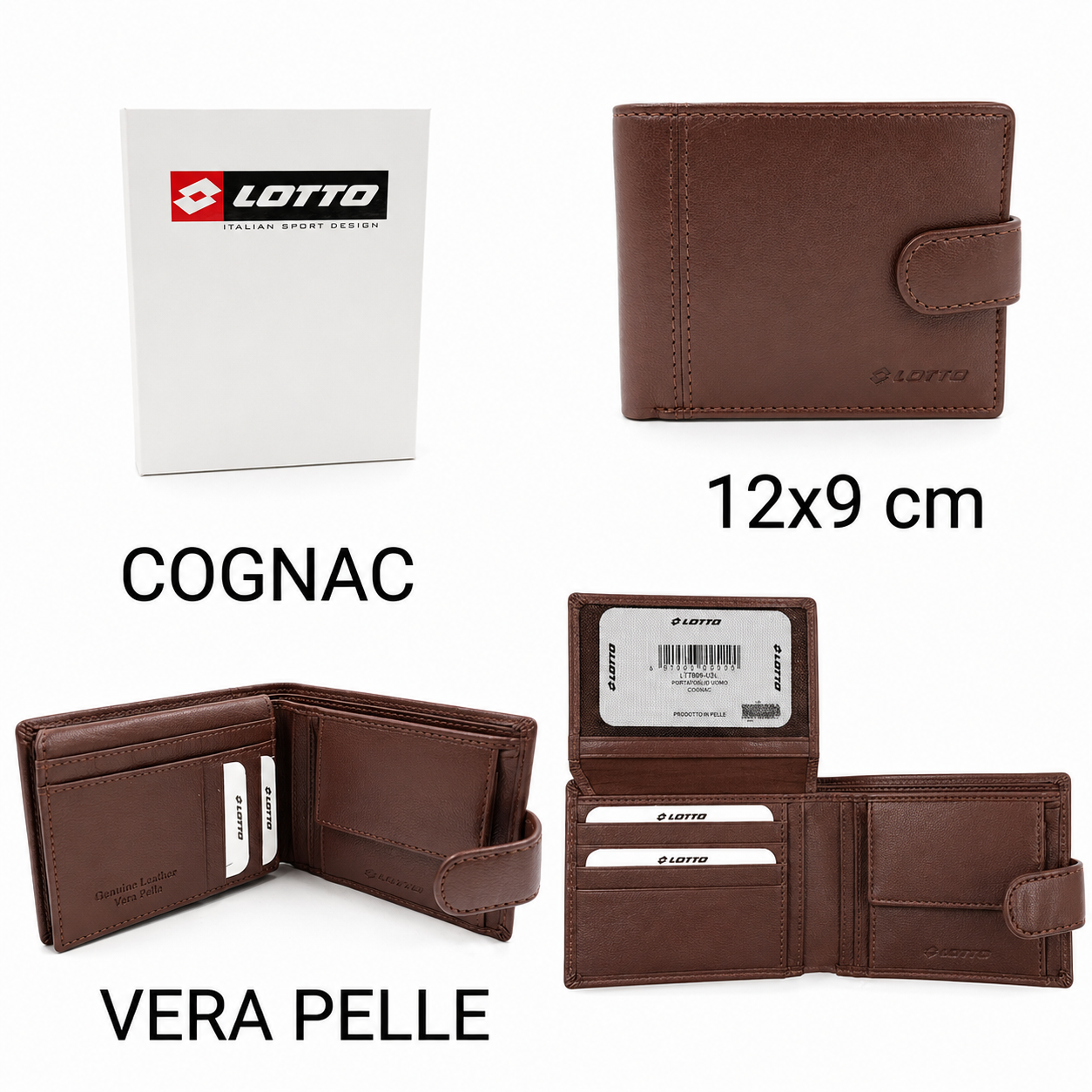 Lotto Portafoglio Uomo in Vera Pelle Cognac 12x9 cm