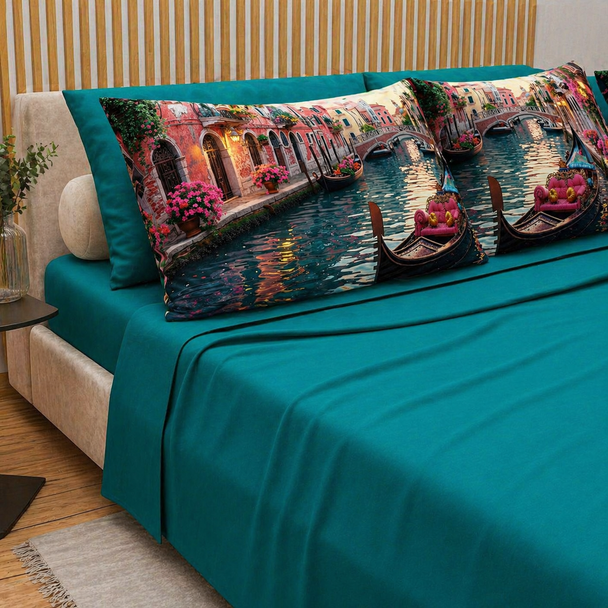Completo Letto Matrimoniale in Cotone Verde Petrolio con Federe Venezia Gondola – Diodor
