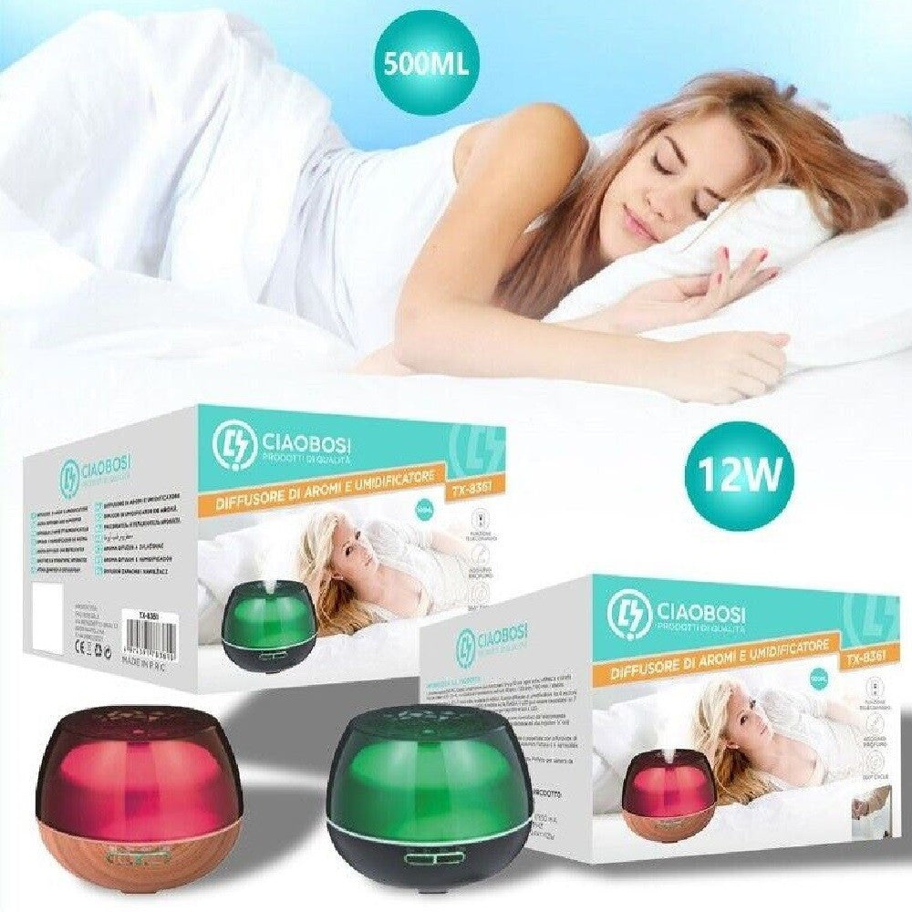 DIFFUSORE AROMI UMIDIFICATORE ULTRASUONI 500ML 12W AROMATERAPIA 7 COLORI TX-8361