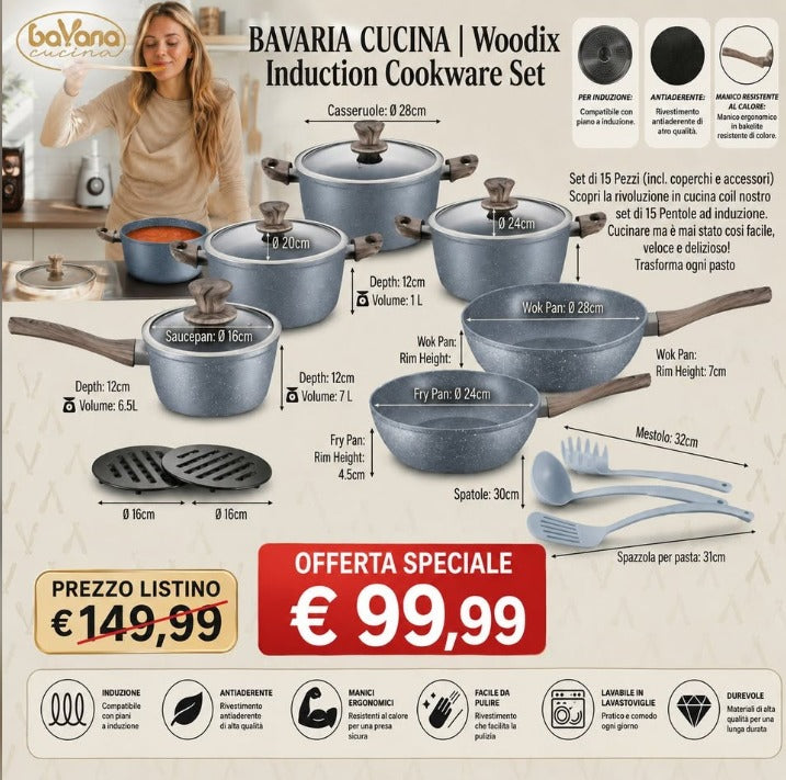 Set Pentole Induzione 15 Pezzi Bavaria Cucina Woodix – Antiaderente Effetto Pietra
