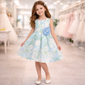 Abito elegante Bambolina fantasia floreale azzurro/verde con fiore applicato