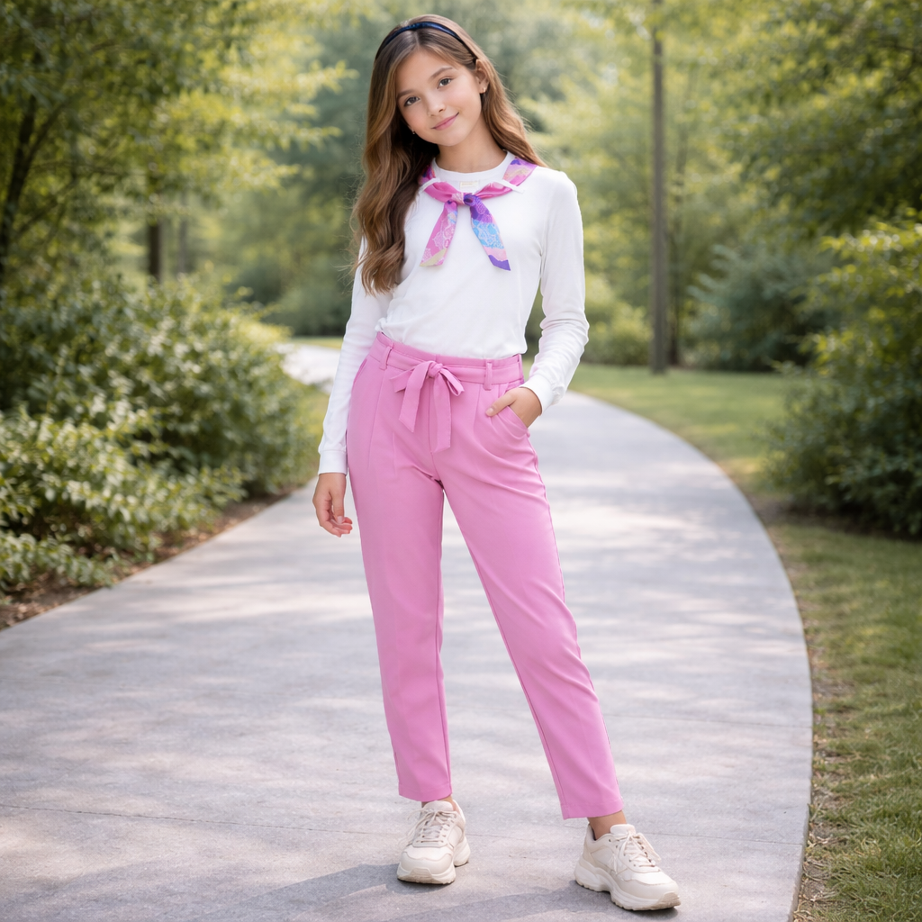 Completo ragazza bianco e rosa con pantalone slim