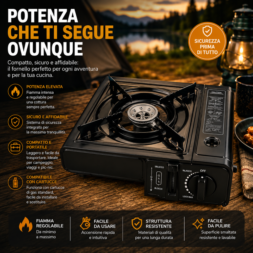 Fornello a Gas Portatile – Compatto, Sicuro e Ideale per Campeggio e Outdoor