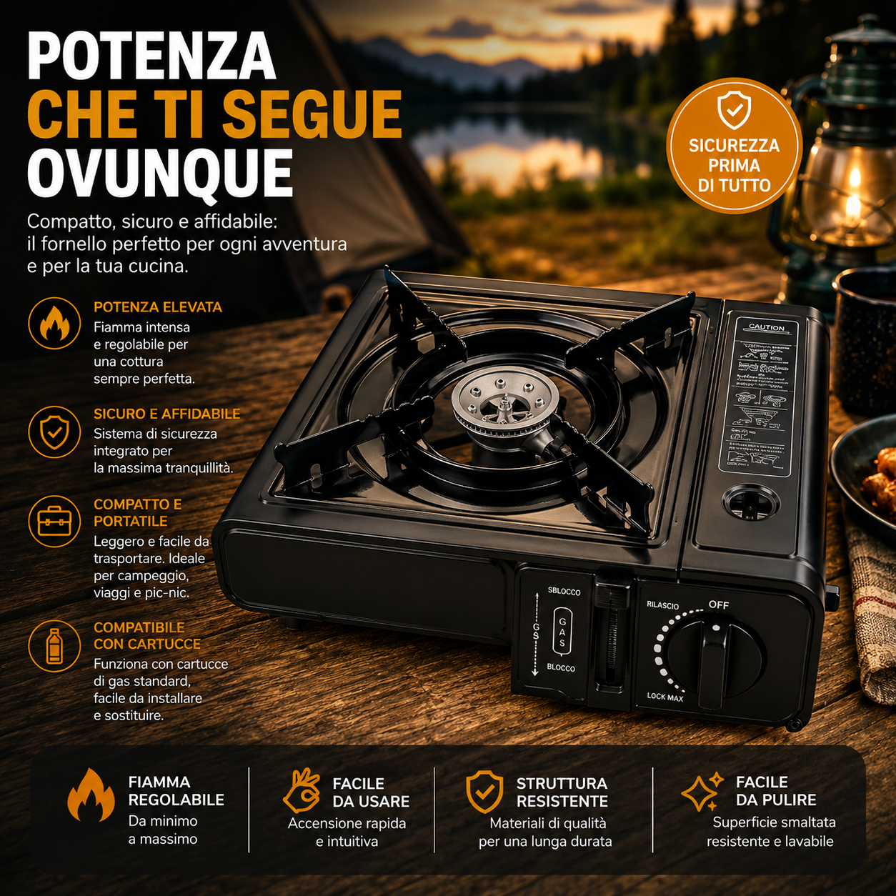 Fornello a Gas Portatile – Compatto, Sicuro e Ideale per Campeggio e Outdoor