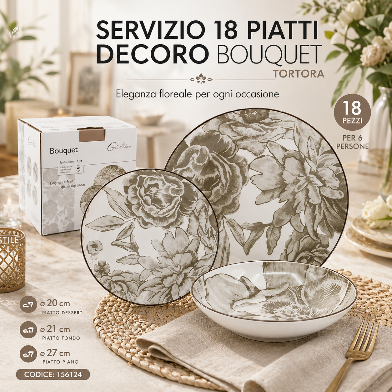 Servizio 18 piatti decoro Bouquet tortora – Eleganza naturale per la tua tavola