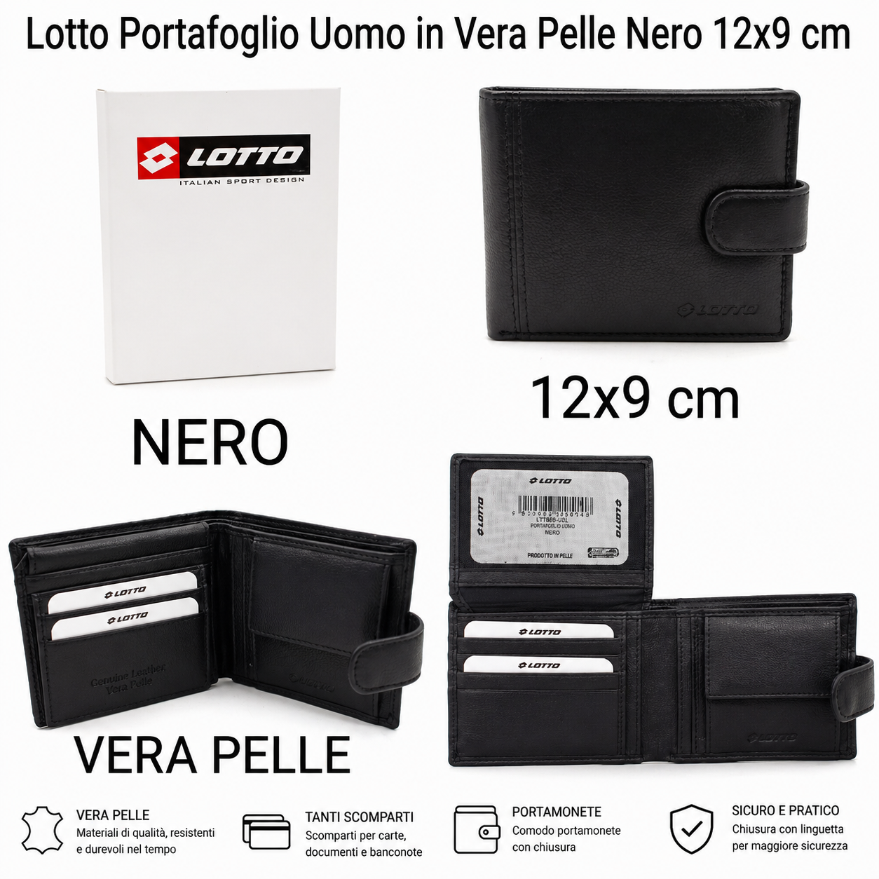Lotto Portafoglio Uomo in Vera Pelle Nero 12x9 cm