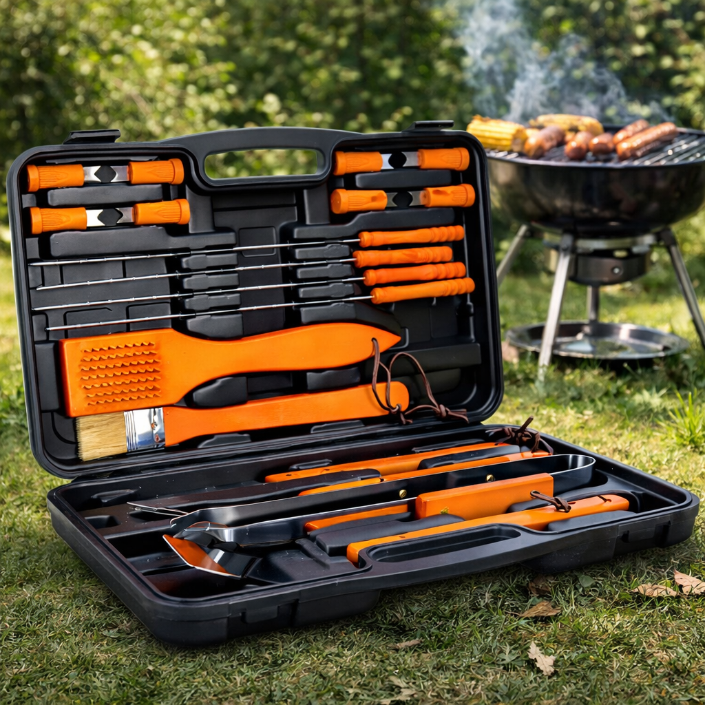 SET BARBECUE 18 PEZZI CON VALIGETTA BBQ GRILL ACCIAIO INOX MANICO LEGNO 6498010