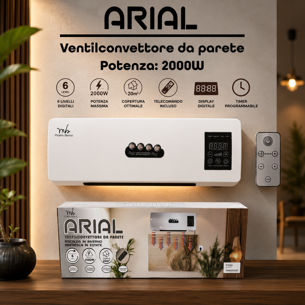ARIAL – Ventilconvettore da Parete Caldo/Freddo 2000W con Telecomando