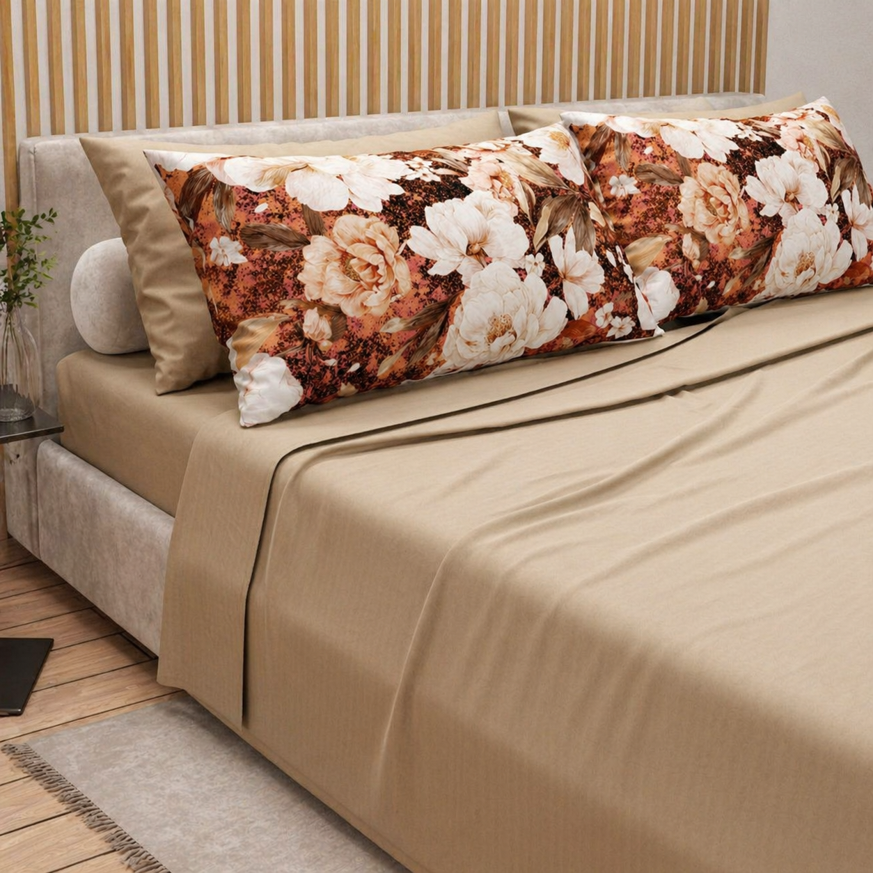 Completo Letto Matrimoniale in Cotone Beige con Federe Floreali Terracotta – Diodor