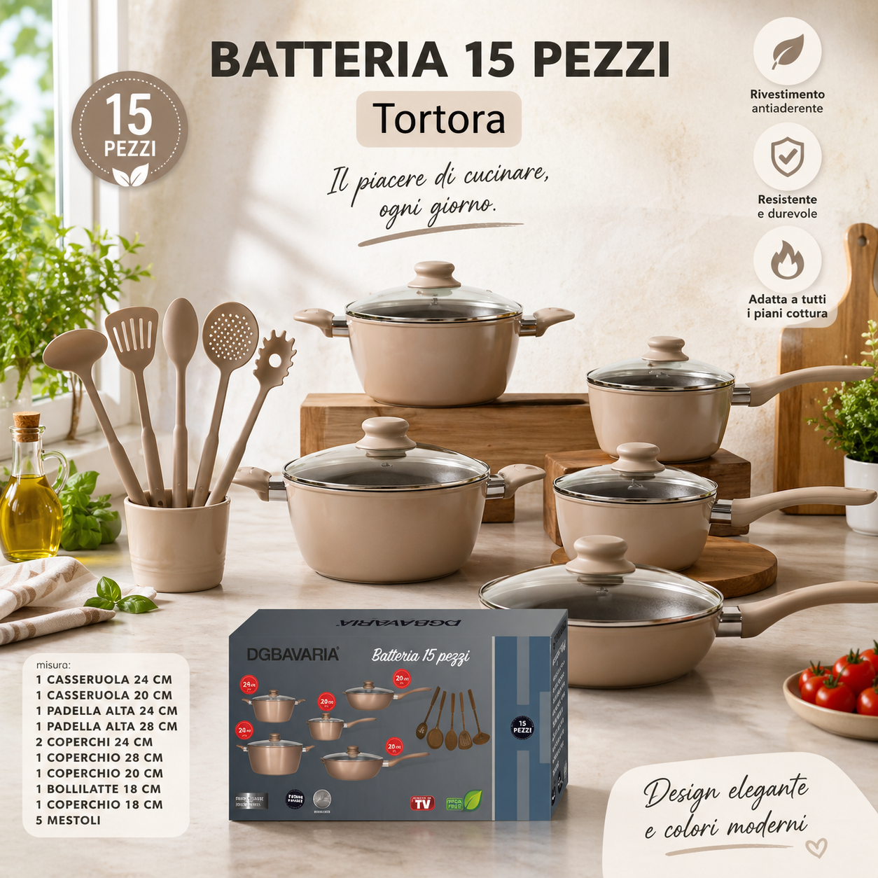 Batteria di Pentole 15 Pezzi Tortora