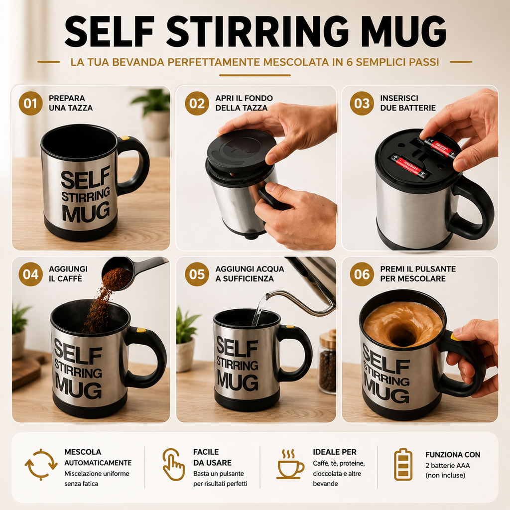 AUTOMATIC SELF STIRRING MUG – Tazza Automatica Mescolante in Acciaio Inox e Plastica