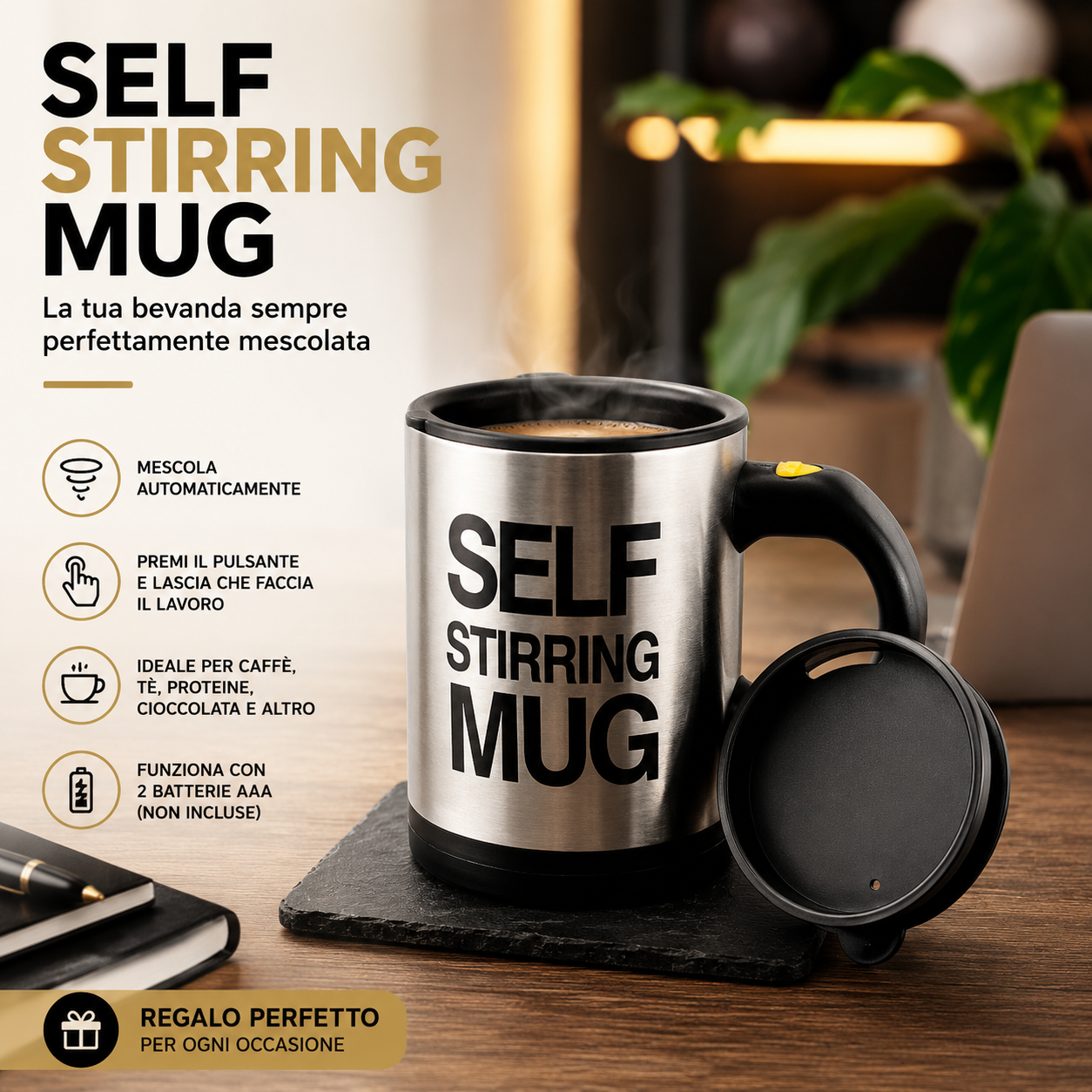 AUTOMATIC SELF STIRRING MUG – Tazza Automatica Mescolante in Acciaio Inox e Plastica