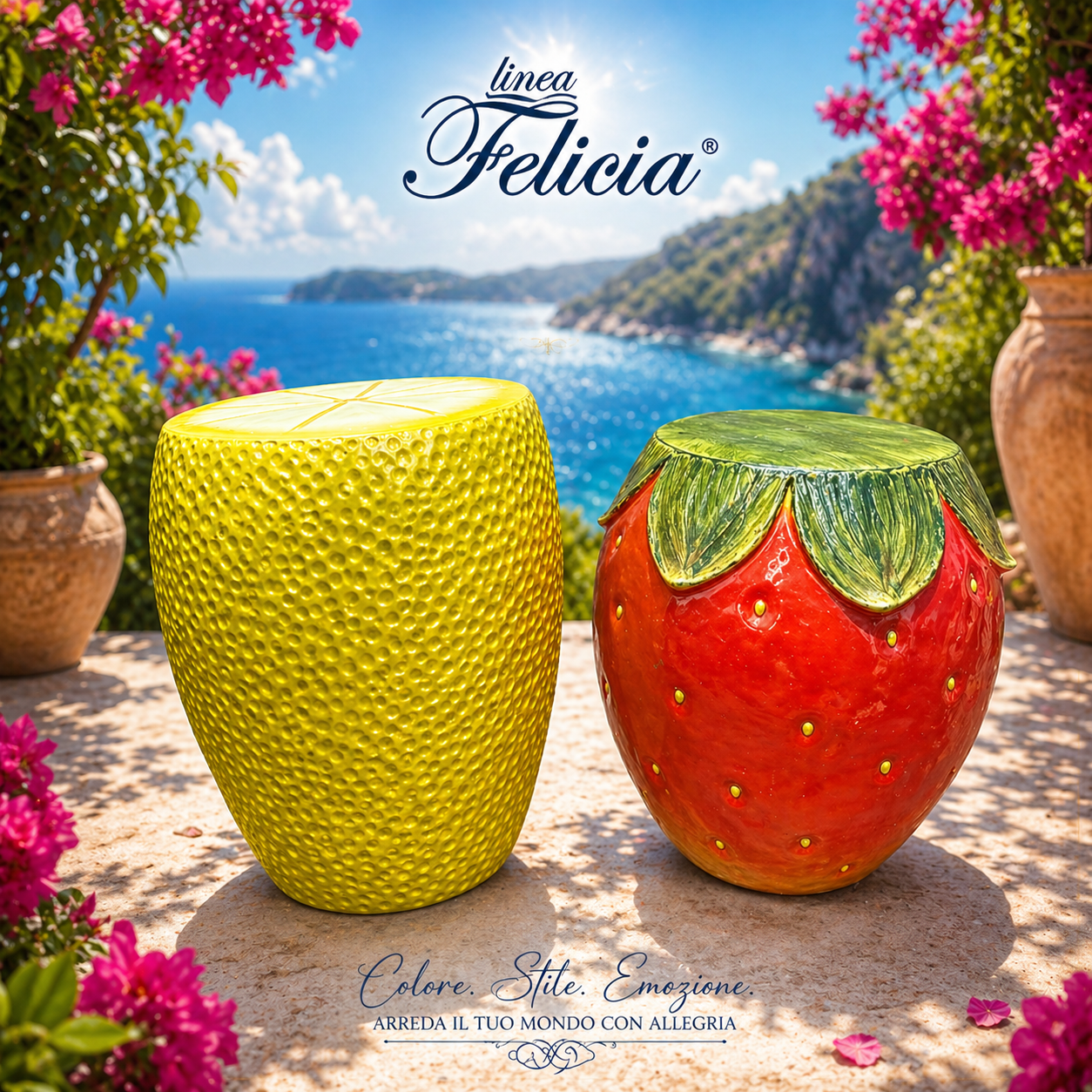 Sgabelli Decorativi in Ceramica Limone e Fragola – Linea Felicia