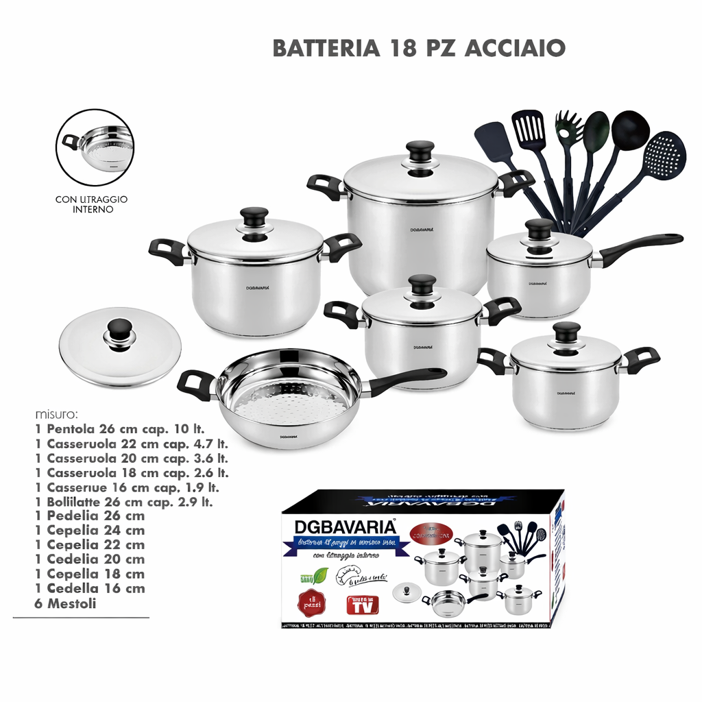 Batteria di pentole da 18 pezzi in acciaio inox a marchio DG Bavaria