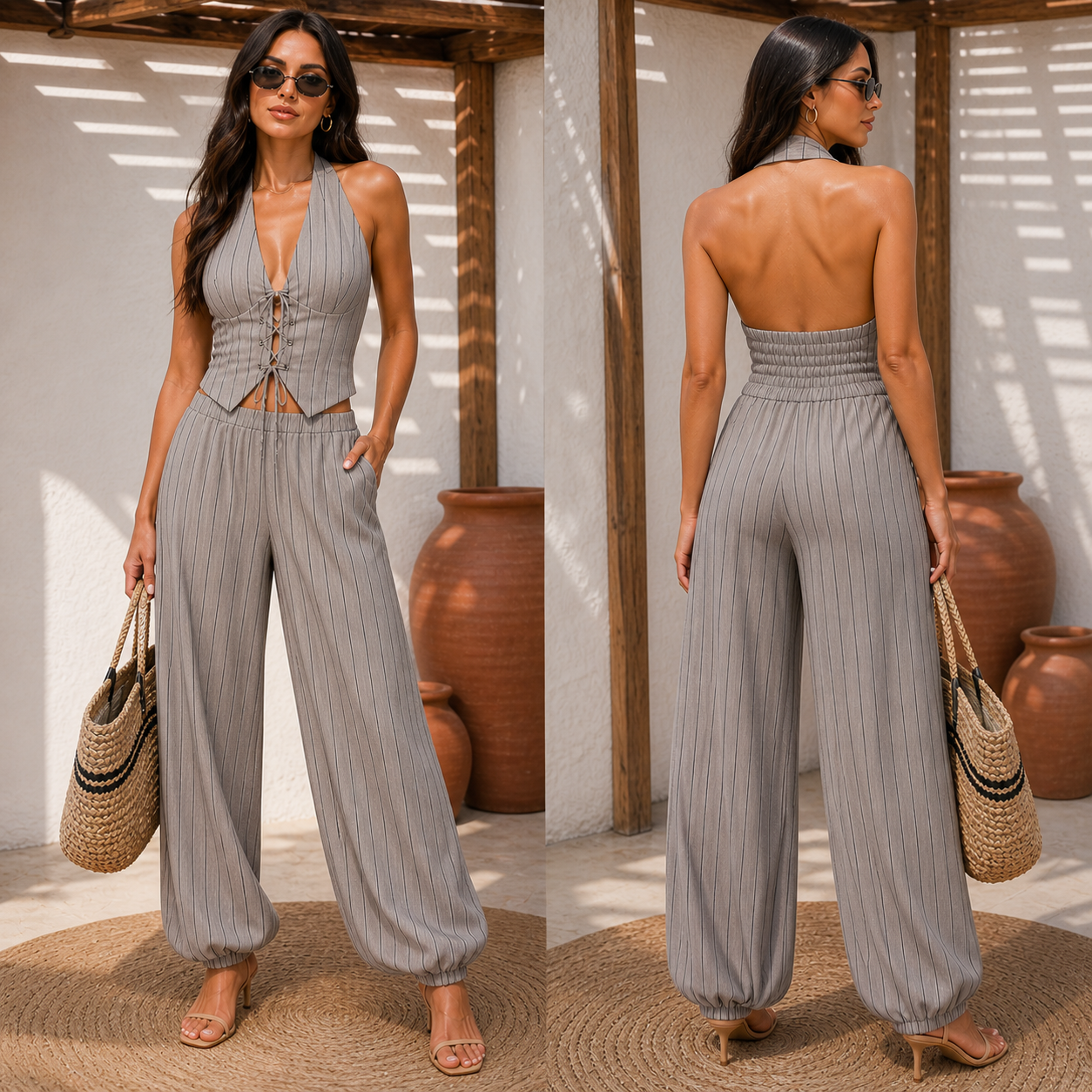 Completo Gessato Chic Halter con Scollatura Profonda