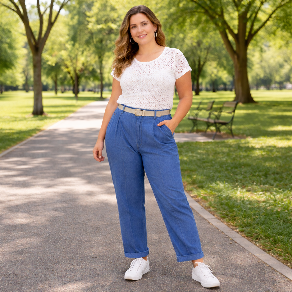 Pantaloni Denim Curvy con piega frontale lungo la gamba