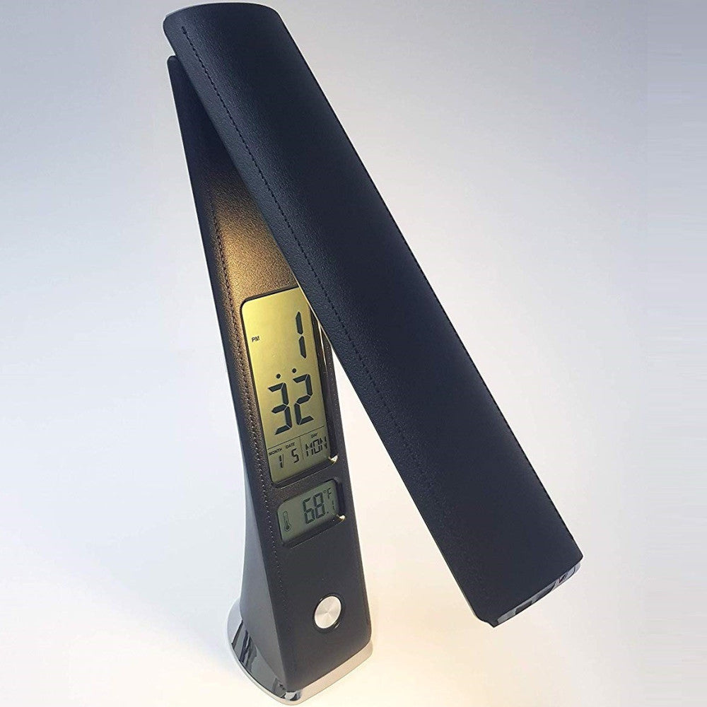LAMPADA SCRIVANIA LUCE LED 3 INTENSITA 5W NERO ECOPELLE OROLOGIO DISPLAY LCD