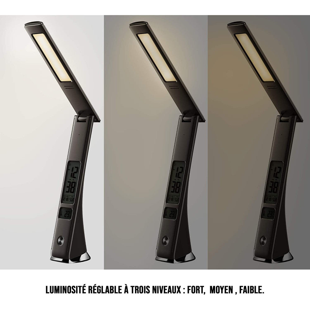 LAMPADA SCRIVANIA LUCE LED 3 INTENSITA 5W NERO ECOPELLE OROLOGIO DISPLAY LCD