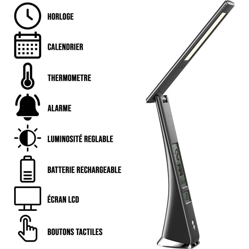 LAMPADA SCRIVANIA LUCE LED 3 INTENSITA 5W NERO ECOPELLE OROLOGIO DISPLAY LCD