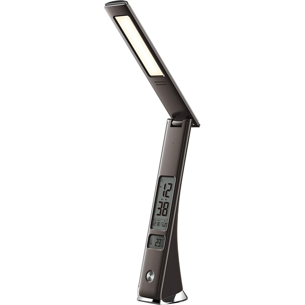 LAMPADA SCRIVANIA LUCE LED 3 INTENSITA 5W NERO ECOPELLE OROLOGIO DISPLAY LCD