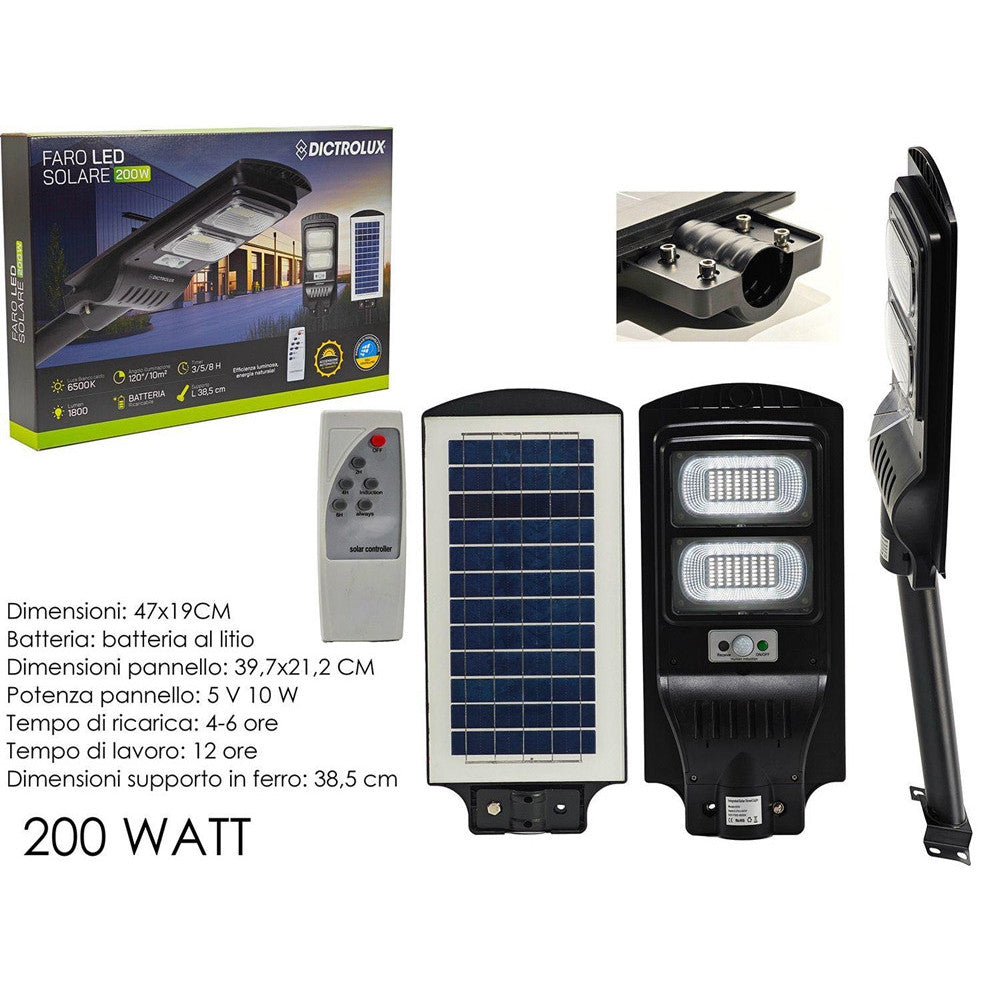 LAMPIONE STRADALE FARETTO PANNELLO SOLARE LED 200 WATT 1800 LM CON TELECOMANDO SUPPORTO