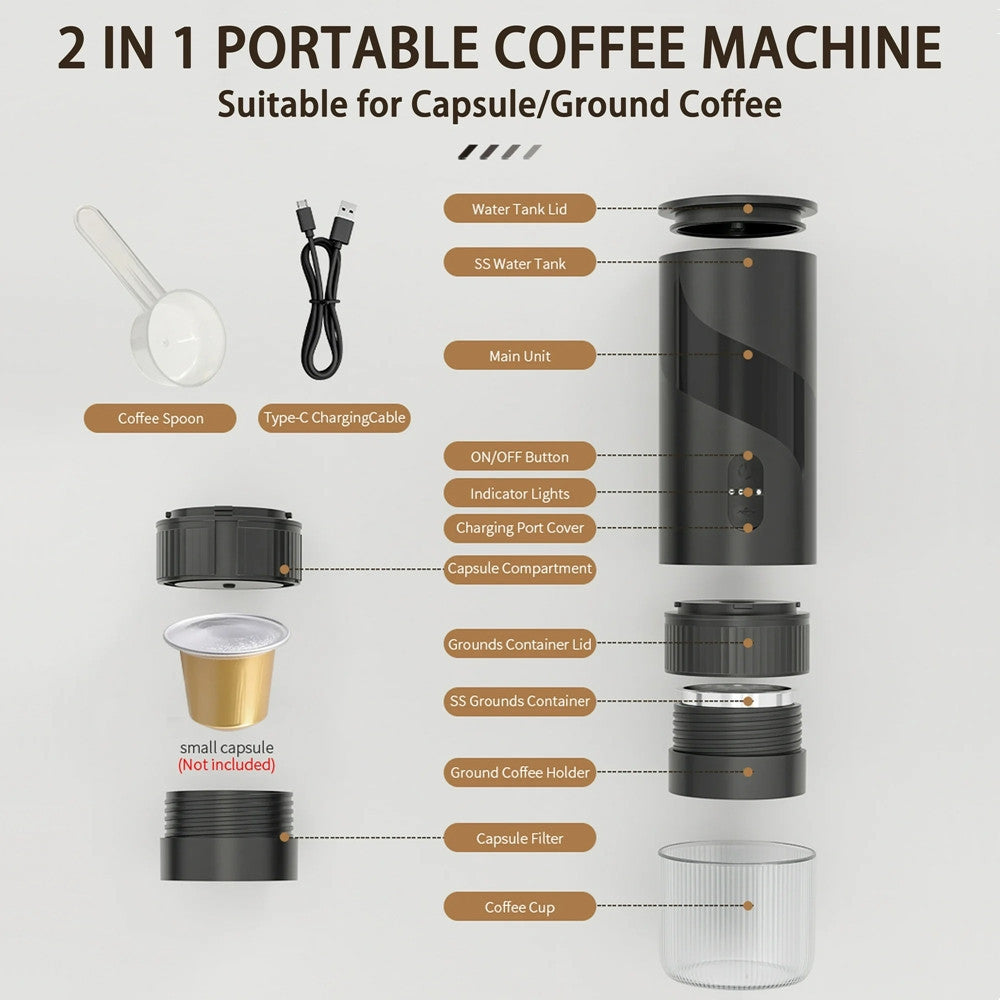 MINI MACCHINA PER CAFFÈ ESPRESSO PORTATILE RICARICABILE 20 BAR 2IN1 PER CAPSULE MACINATO