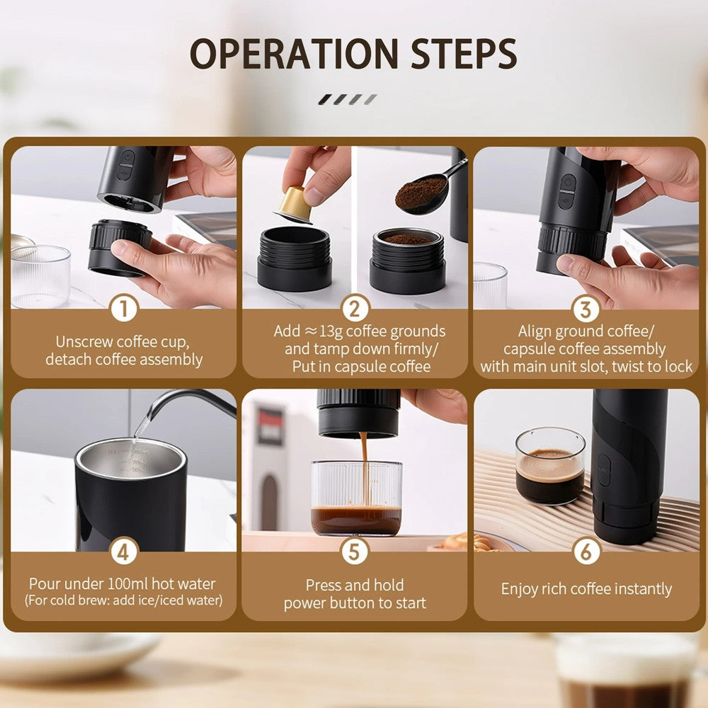 MINI MACCHINA PER CAFFÈ ESPRESSO PORTATILE RICARICABILE 20 BAR 2IN1 PER CAPSULE MACINATO