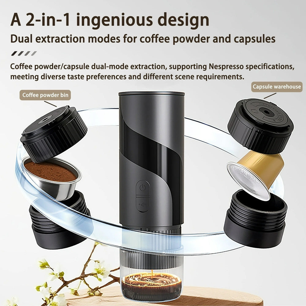 MINI MACCHINA PER CAFFÈ ESPRESSO PORTATILE RICARICABILE 20 BAR 2IN1 PER CAPSULE MACINATO