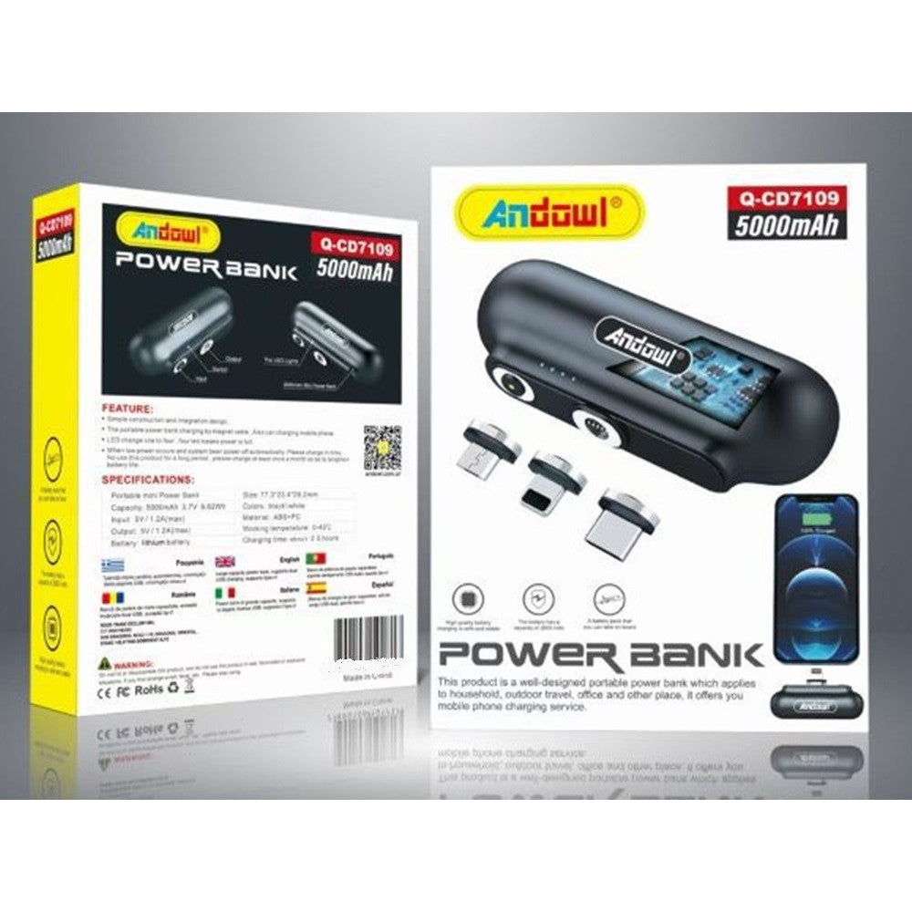 MINI POWER BANK MAGNETICO 5000MAH CARICABATTERIE PORTATILE COMPATTO CON 3 CONNETTORI 7019-3
