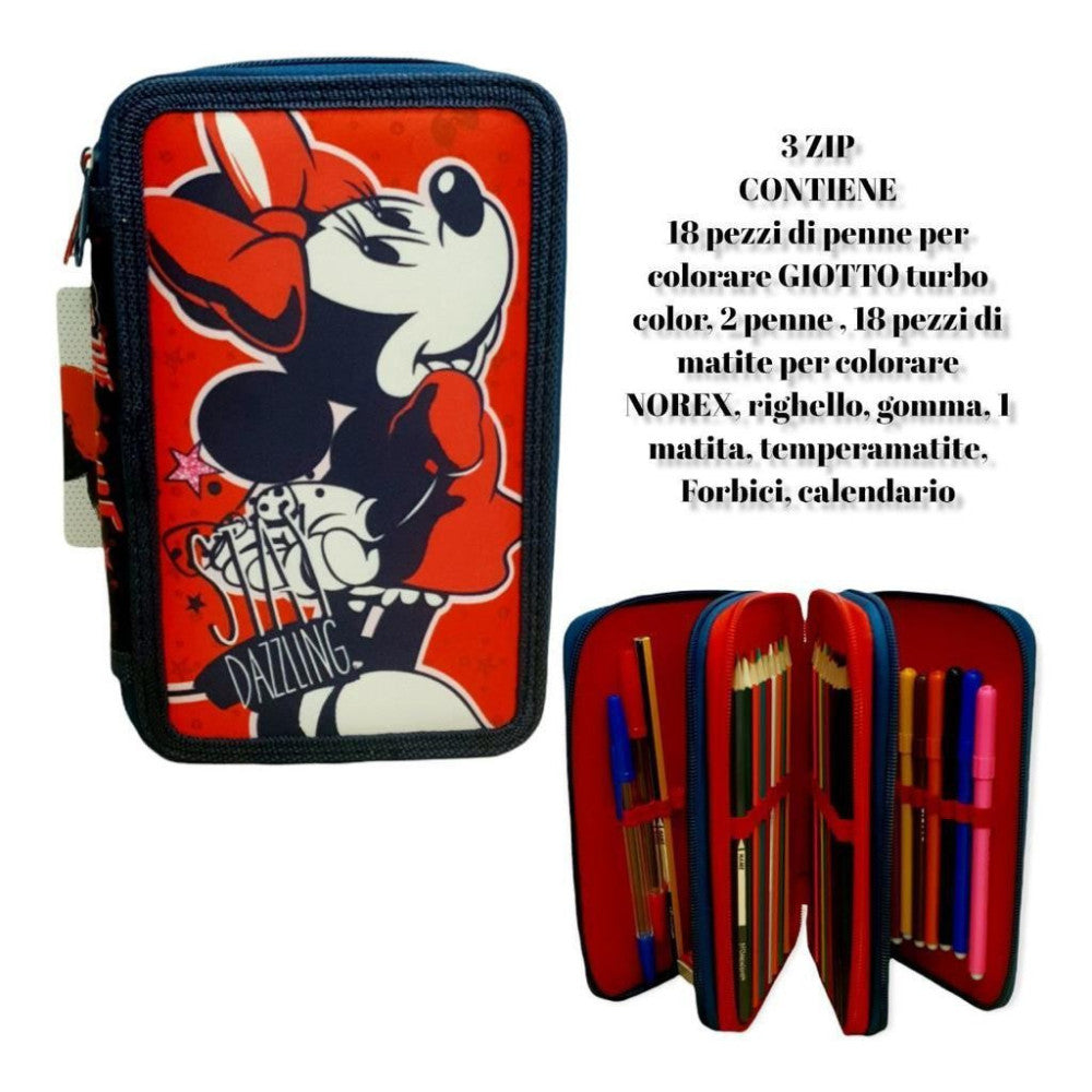 MINNIE MOUSE STAY DAZZLING ASTUCCIO 3 ZIP CERNIERE PORTAPASTELLI MATITE SCUOLA