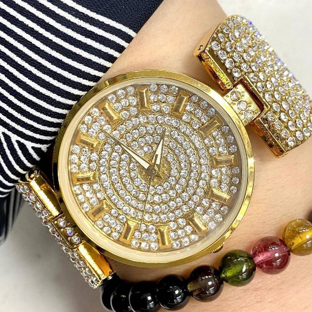 OROLOGIO DA POLSO DONNA ACCIAIO ANALOGICO MODA FASHION BRILLANTINI STRASS DORATO