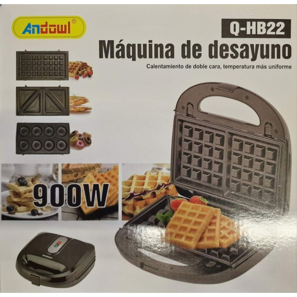 PIASTRA PER WAFFLE COLAZIONE 900W RISCALDAMENTO RAPIDO CON PIASTRE INTERCAMBIABILI Q-HB22