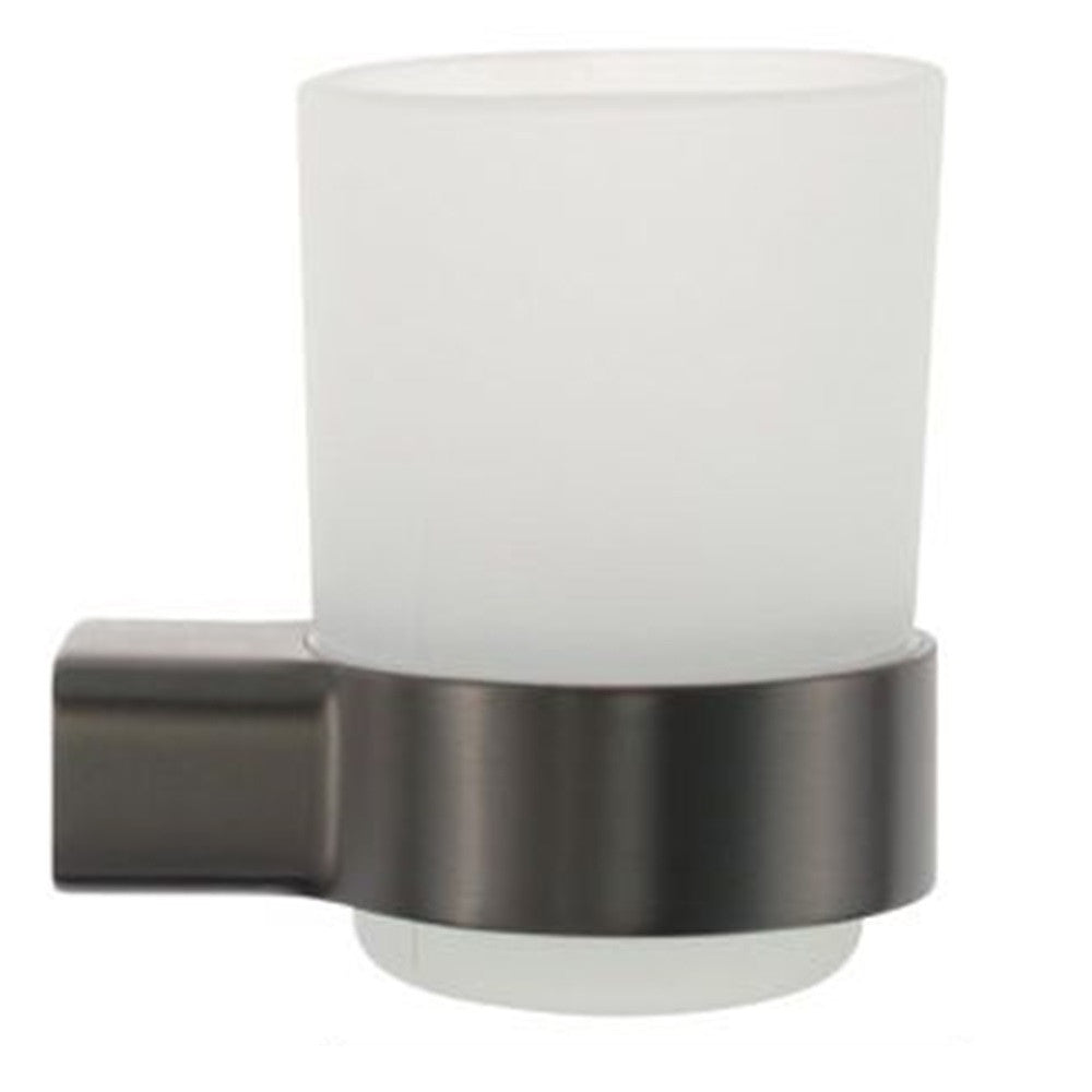 PORTA SPAZZOLINI PARETE STILIZZATO ACCIAIO GRIGIO CON BICCHIERE VETRO SATINATO BAGNO 87938