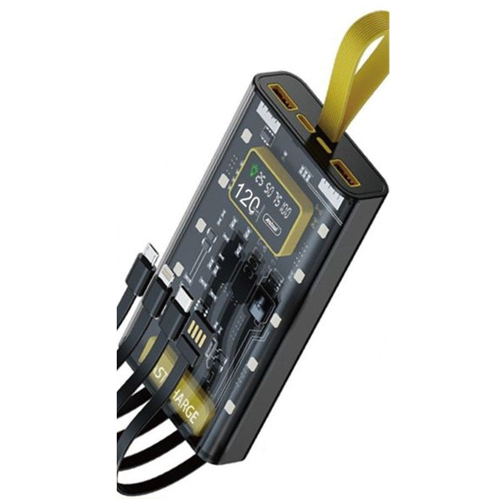 POWER BANK PORTATILE DESIGN TRASPARENTE CON CAVI RICARICA INTEGRATI 12000 MAH Q-DC468