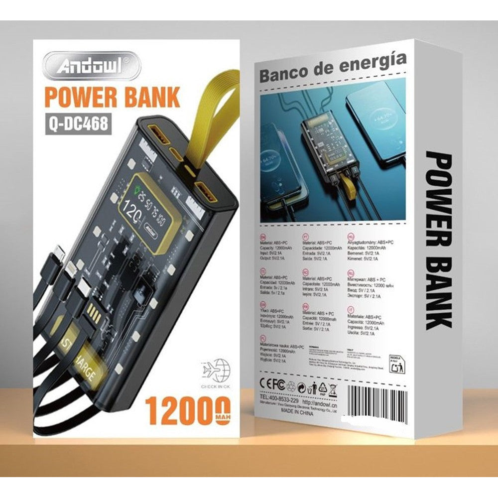POWER BANK PORTATILE DESIGN TRASPARENTE CON CAVI RICARICA INTEGRATI 12000 MAH Q-DC468