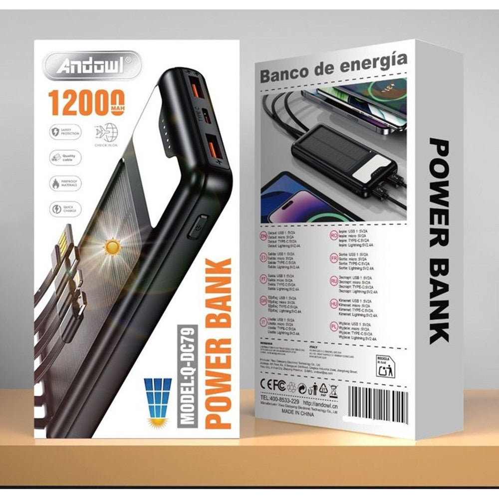POWER BANK SOLARE A RICARICA RAPIDA 12000MAH CON PORTE USB TYPE-C 4 CAVI INTEGRATI Q-DC79
