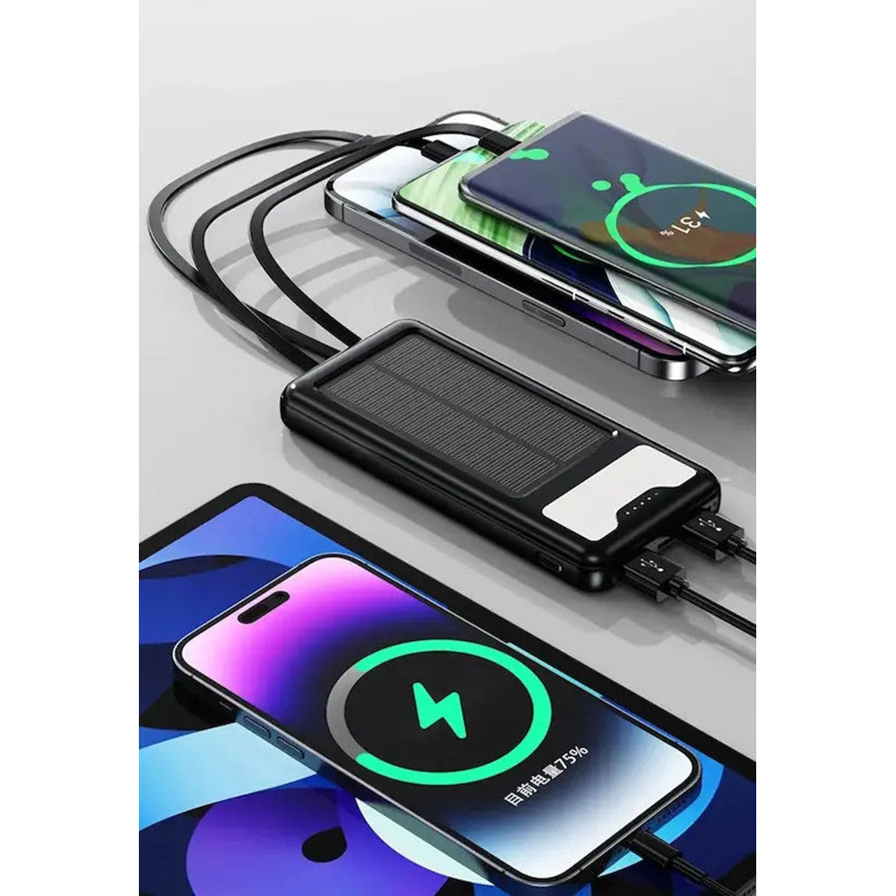 POWER BANK SOLARE A RICARICA RAPIDA 12000MAH CON PORTE USB TYPE-C 4 CAVI INTEGRATI Q-DC79