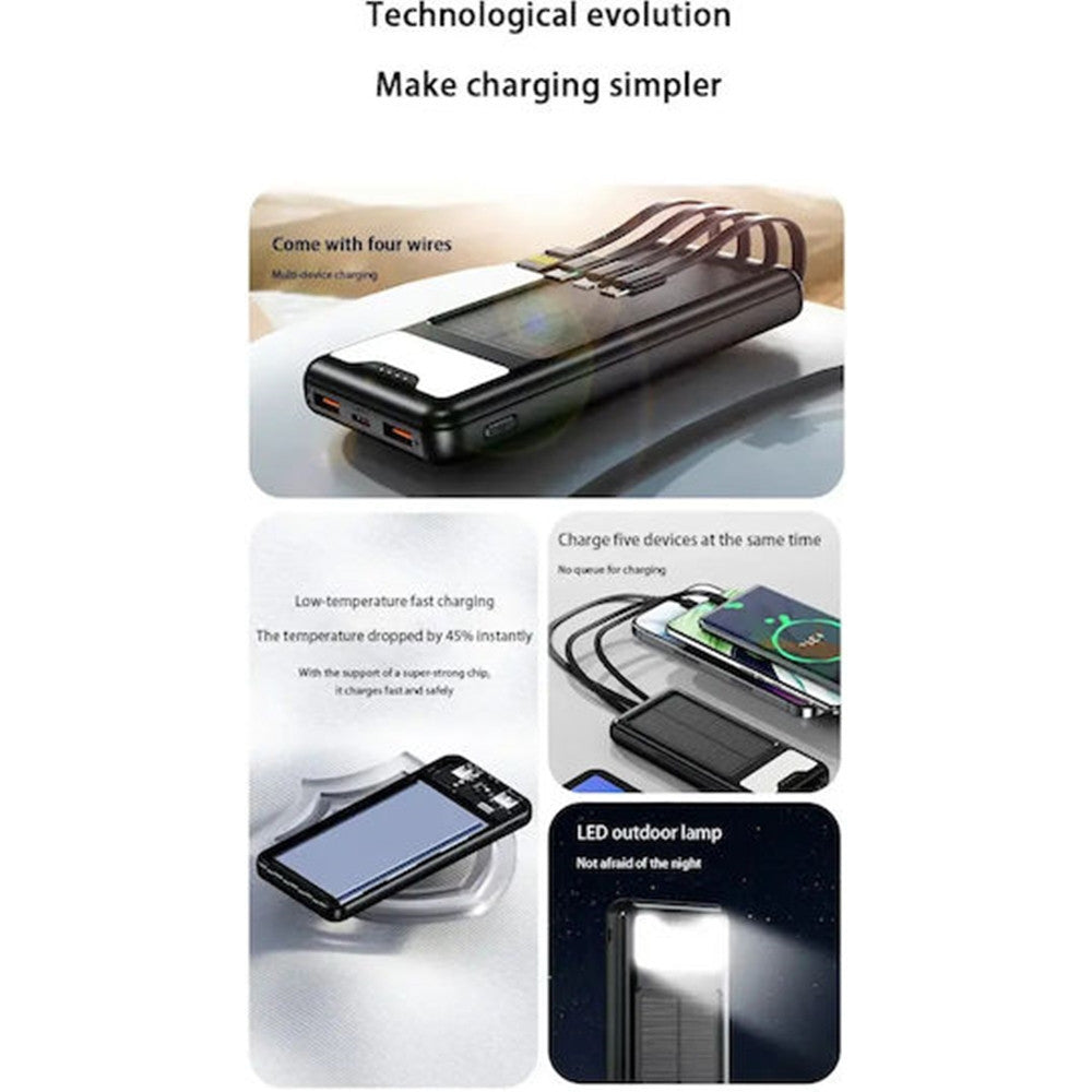 POWER BANK SOLARE A RICARICA RAPIDA 12000MAH CON PORTE USB TYPE-C 4 CAVI INTEGRATI Q-DC79