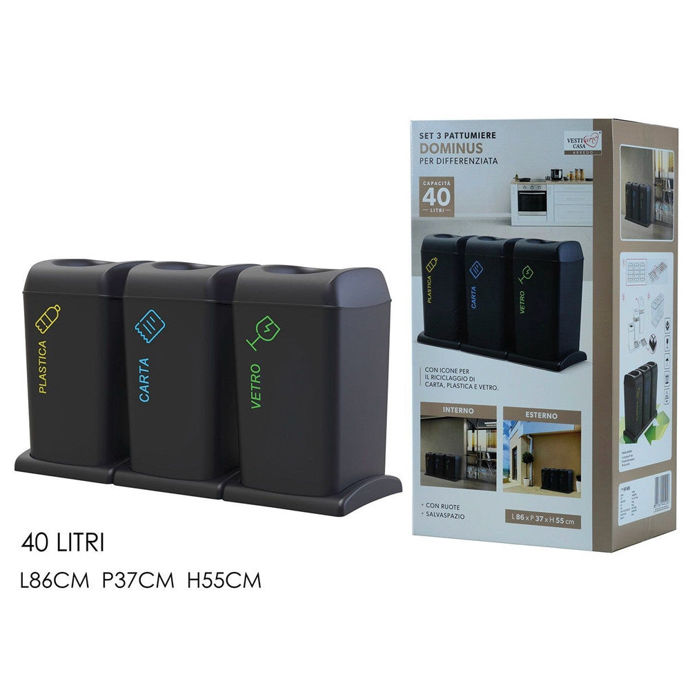 SET 3 PATTUMIERE BIDONI DIFFERENZIATA 40LT CON RUOTE 3 SCOMPARTI INTERNO ESTERNO SALVASPAZIO