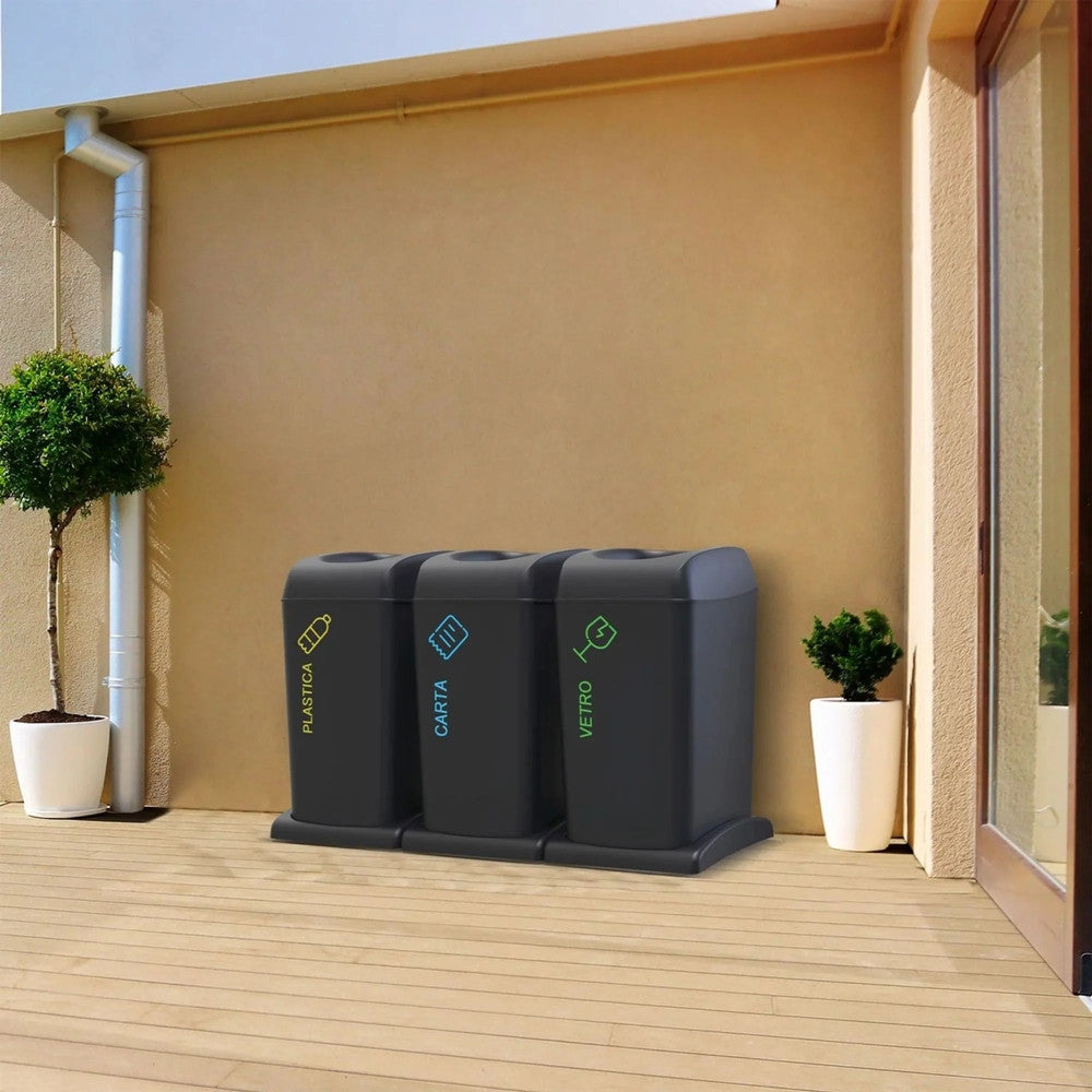 SET 3 PATTUMIERE BIDONI DIFFERENZIATA 40LT CON RUOTE 3 SCOMPARTI INTERNO ESTERNO SALVASPAZIO