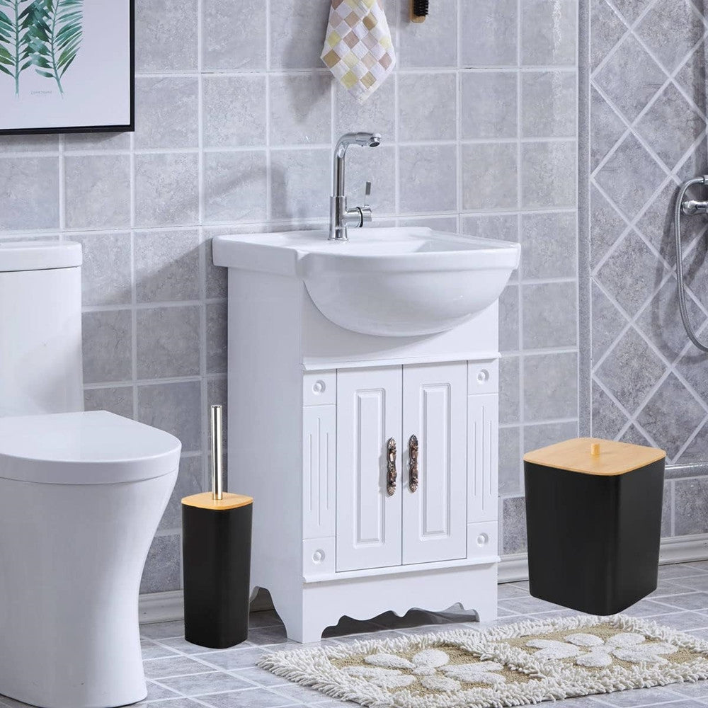 SET ACCESSORI BAGNO IN BAMBÙ 6PZ MODERNO NERI BIDONE SPAZZATURA PORTASAPONE DISPENSER