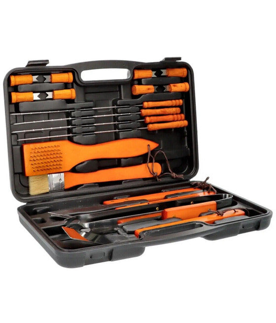 SET BARBECUE 18 PEZZI CON VALIGETTA BBQ GRILL ACCIAIO INOX MANICO LEGNO 6498010
