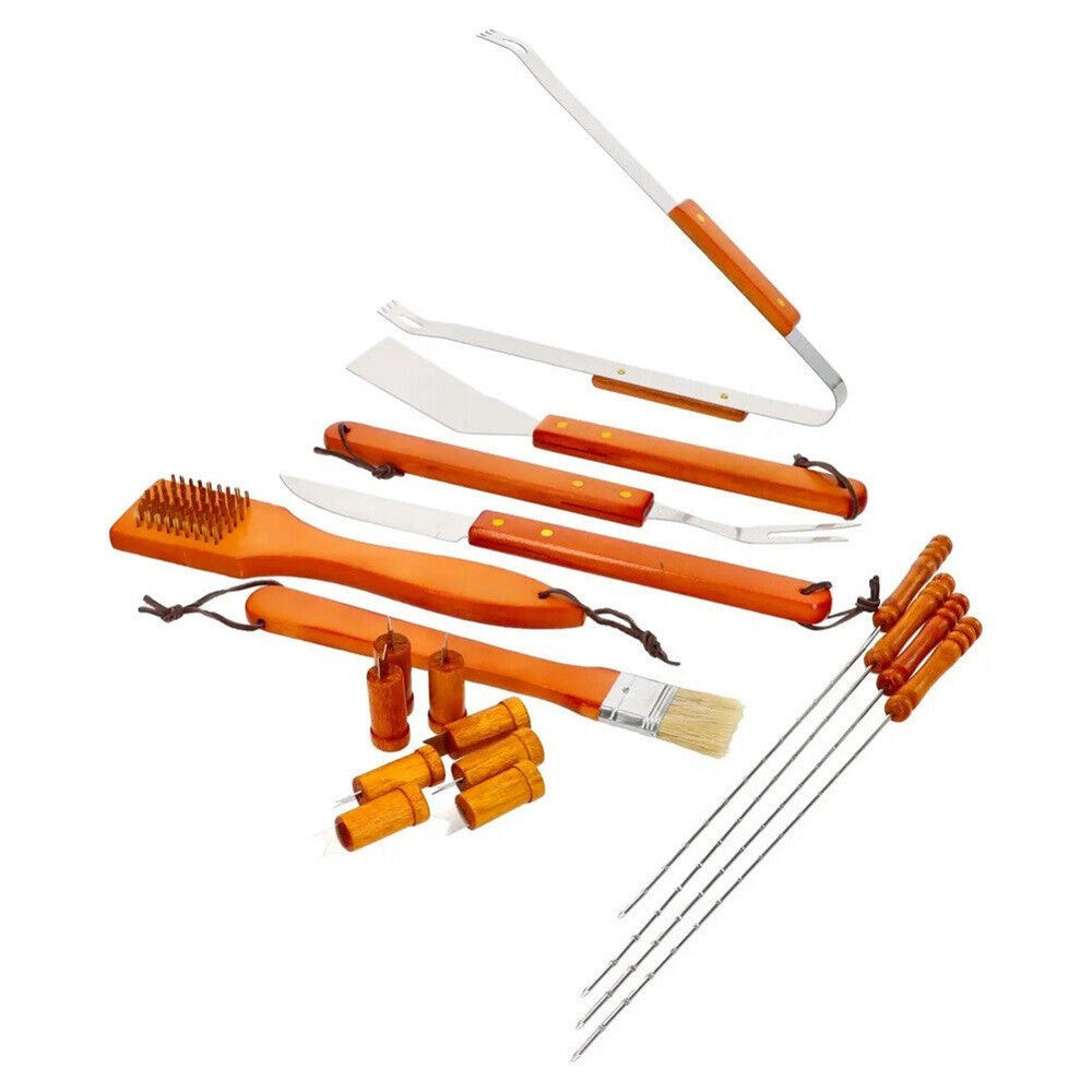 SET BARBECUE 18 PEZZI CON VALIGETTA BBQ GRILL ACCIAIO INOX MANICO LEGNO 6498010