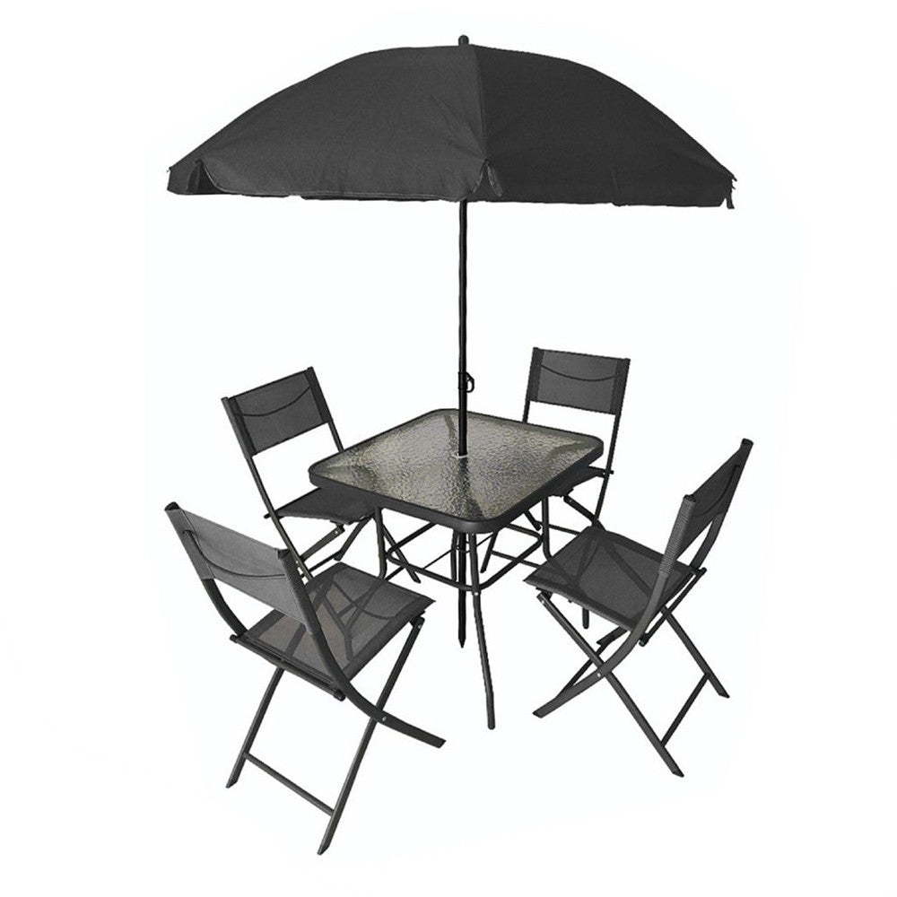 SET GIARDINO SHARM TAVOLO CON RIPIANO VETRO 70X70CM 4 SEDIE PIEGHEVOLI OMBRELLONE PARASOLE