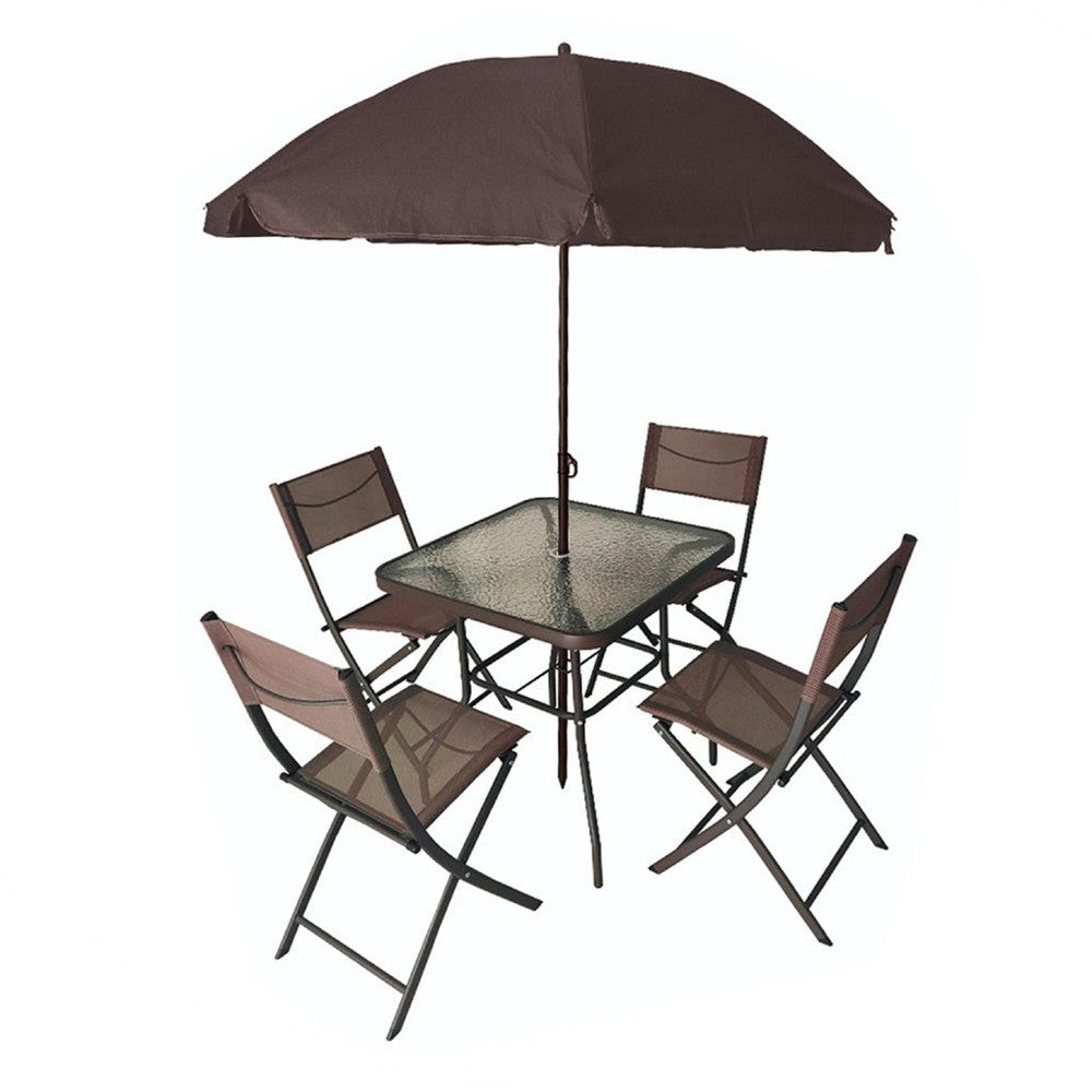 SET GIARDINO SHARM TAVOLO CON RIPIANO VETRO 70X70CM 4 SEDIE PIEGHEVOLI OMBRELLONE PARASOLE