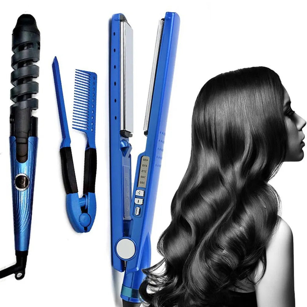 SET PIASTRA 3IN1 PER CAPELLI IN NANO TITANIO CERAMICA CON FERRO ARRICCIACAPELLI PETTINE