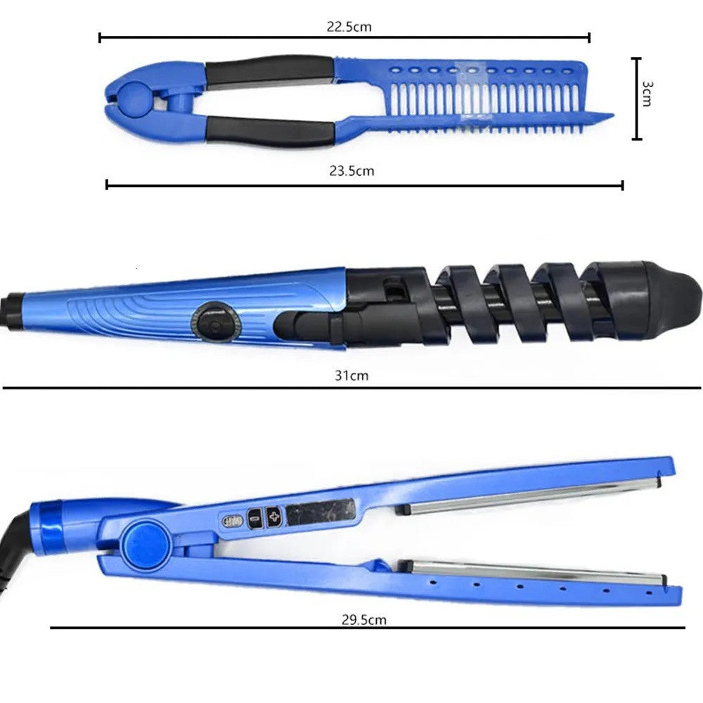 SET PIASTRA 3IN1 PER CAPELLI IN NANO TITANIO CERAMICA CON FERRO ARRICCIACAPELLI PETTINE