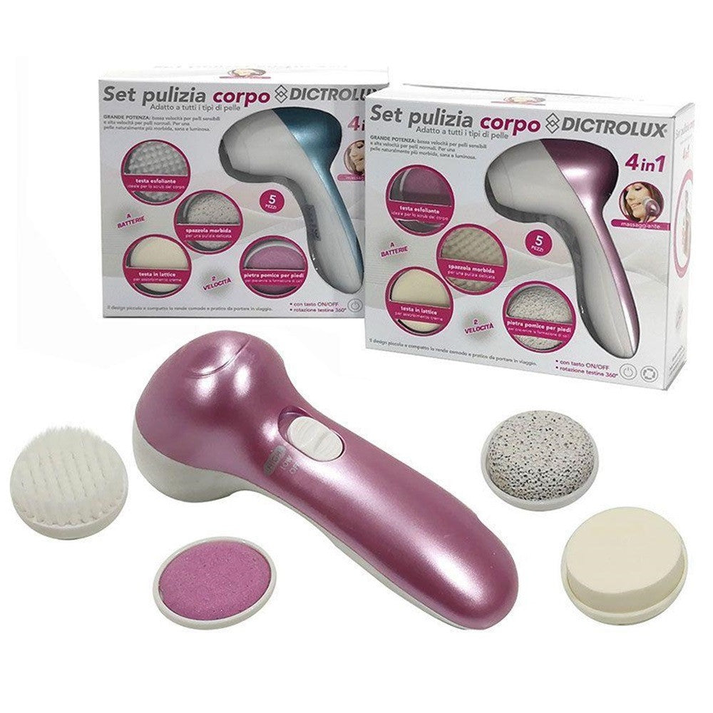 SET PULIZIA 4IN1 PER CORPO VISO 5PZ ELETTRICO 4 TESTINE 2 VELOCITÀ REGOLABILI A BATTERIE